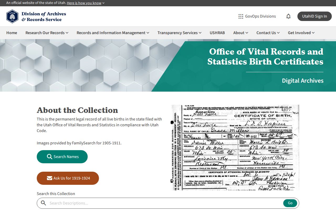 Herriman city directory Utah State Archives historical birth index research screen