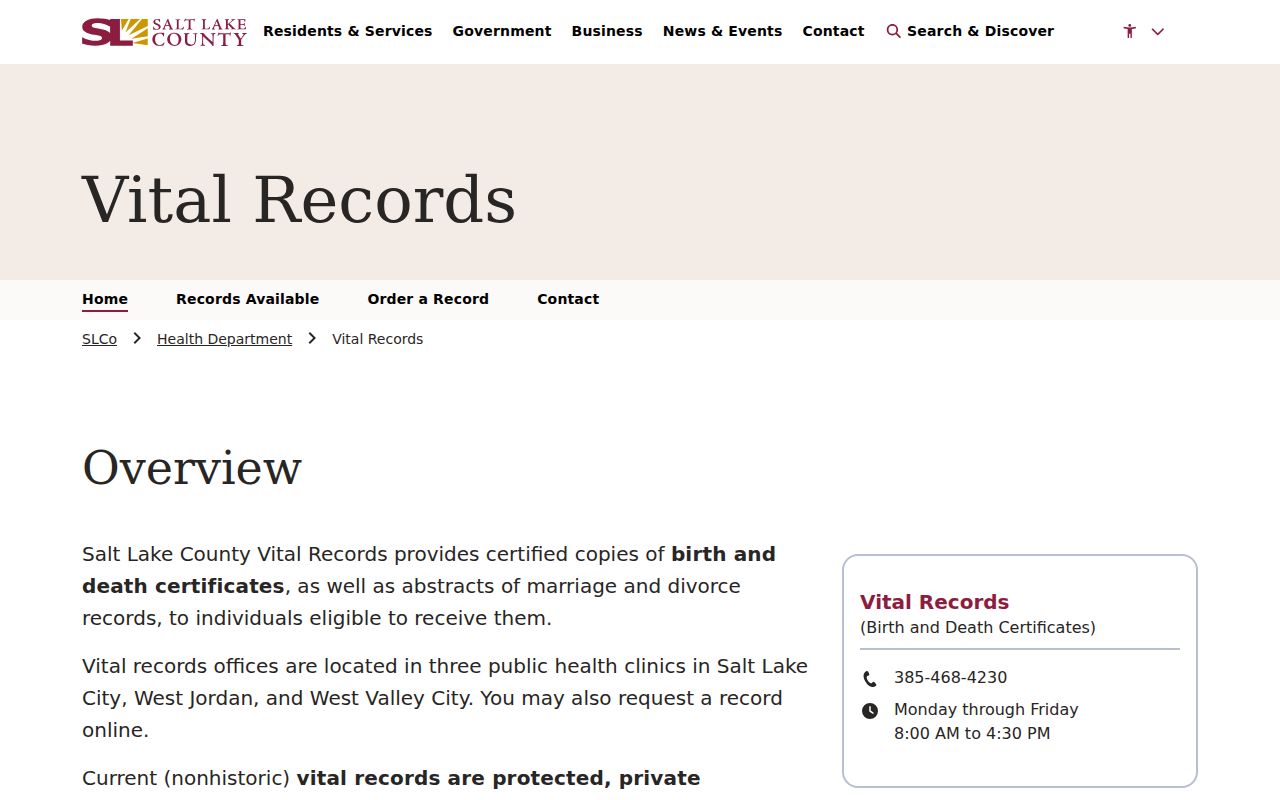 Salt Lake County Vital Records access route for the Herriman residents directory