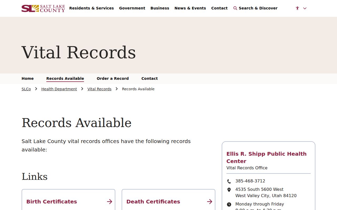 Herriman resident lookup Salt Lake County vital records access